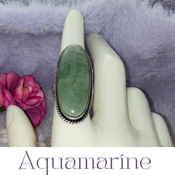 Elegant Aquamarine Gemstone Handmade Halo Ring - Picture 1 of 5